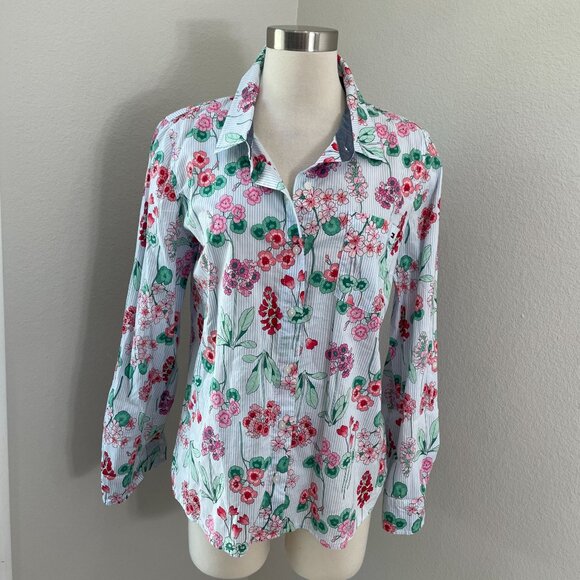 Tommy Hilfiger Womens Large Floral Button Up Shirt Stripe Roll Tab Sleeve Blouse - Picture 1 of 12